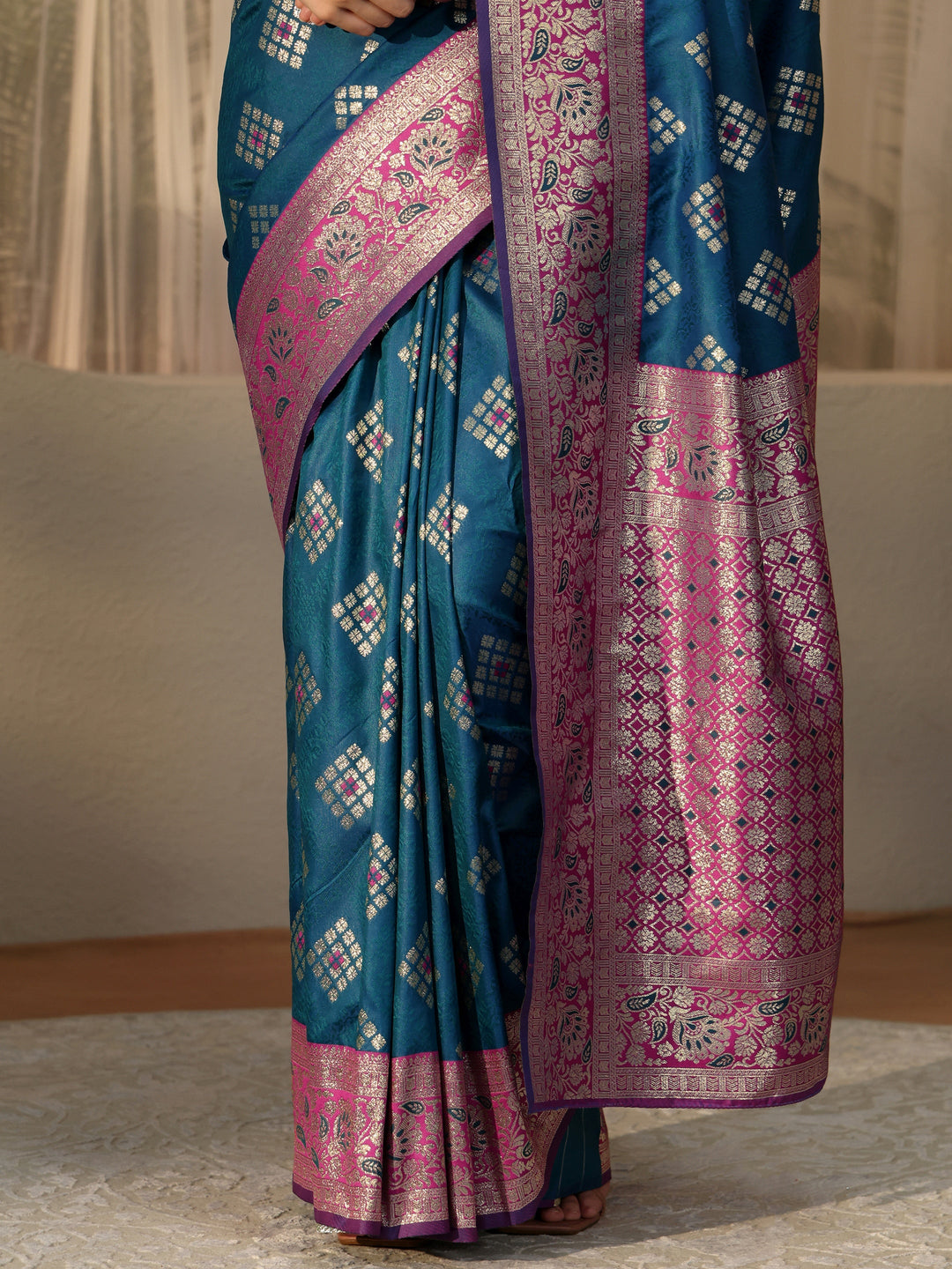  Teal Geometric Woven Design Silk Blend Saree 