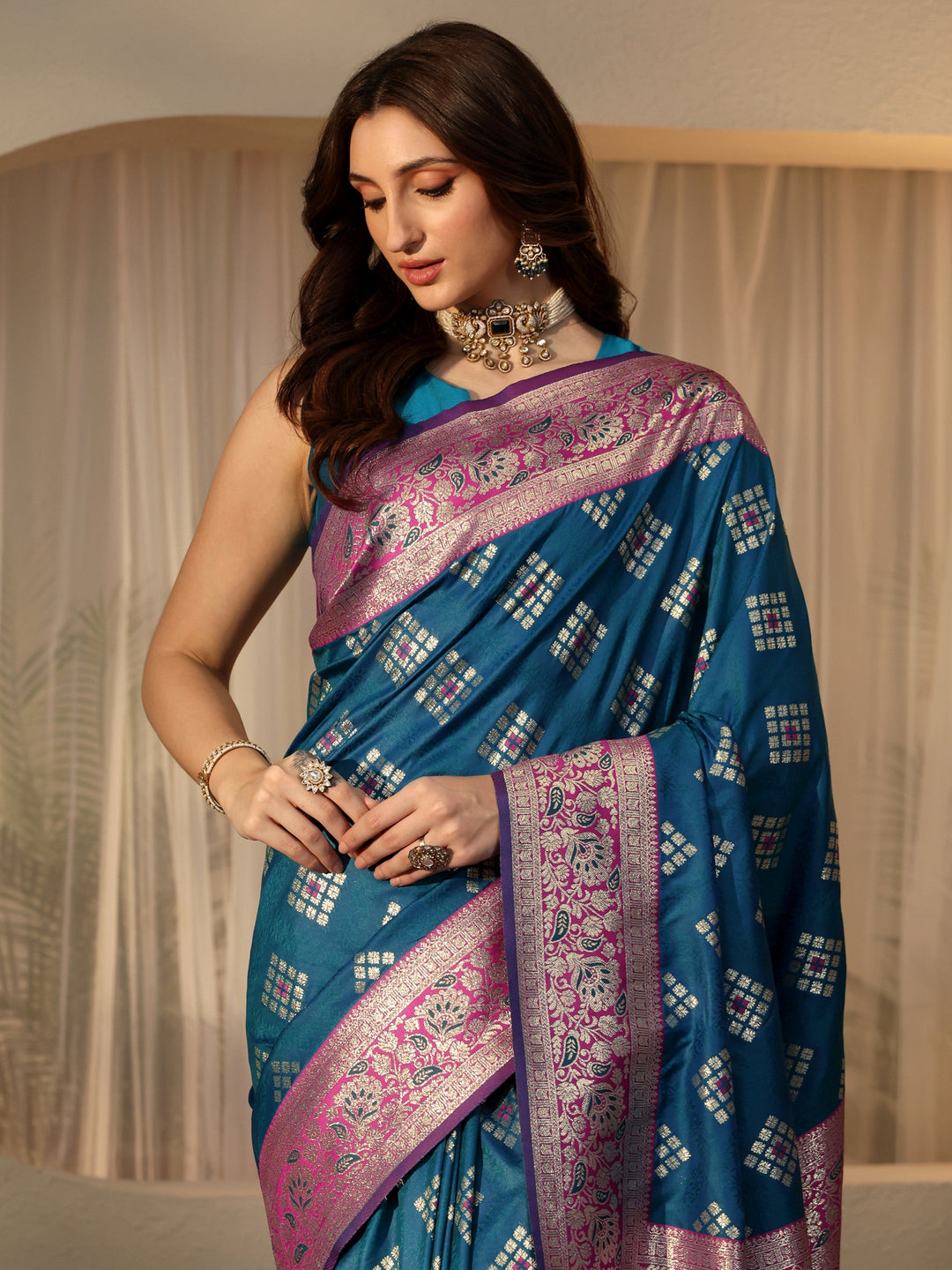  Teal Geometric Woven Design Silk Blend Saree 