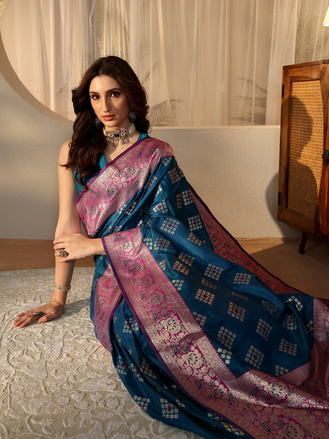  Teal Geometric Woven Design Silk Blend Saree 