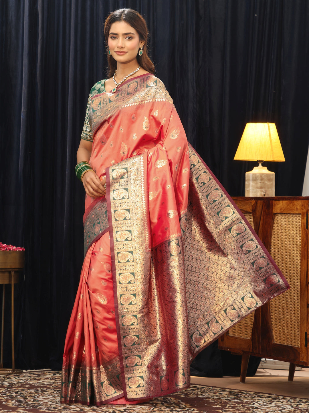  Orange Banarasi Silk Blend Saree 