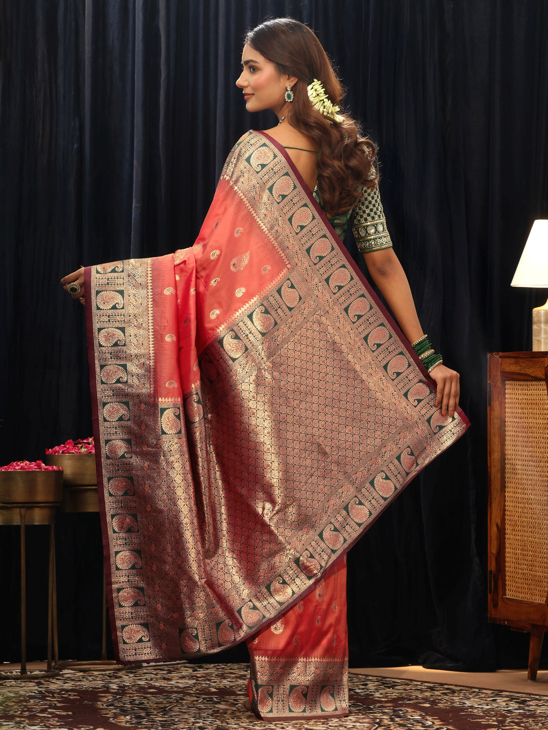  Orange Banarasi Silk Blend Saree 