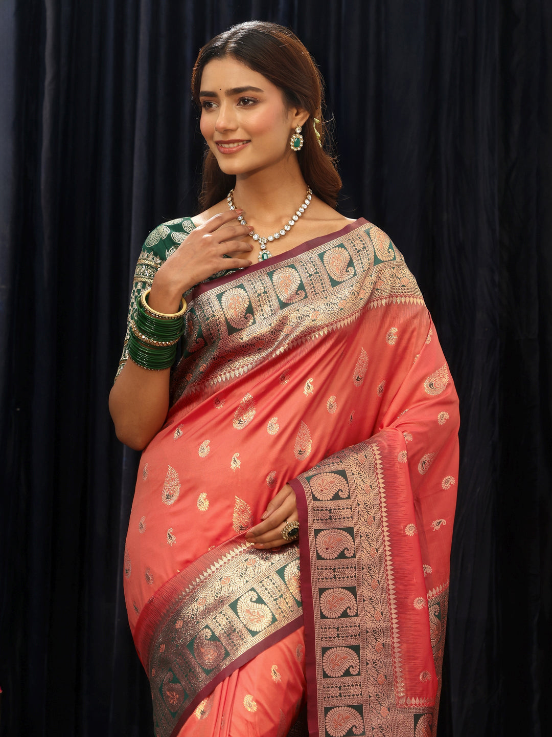  Orange Banarasi Silk Blend Saree 