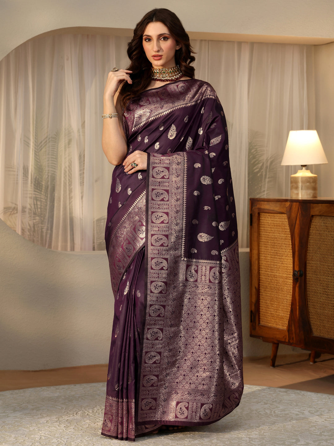  Burgundy Banarasi Silk Blend Saree 