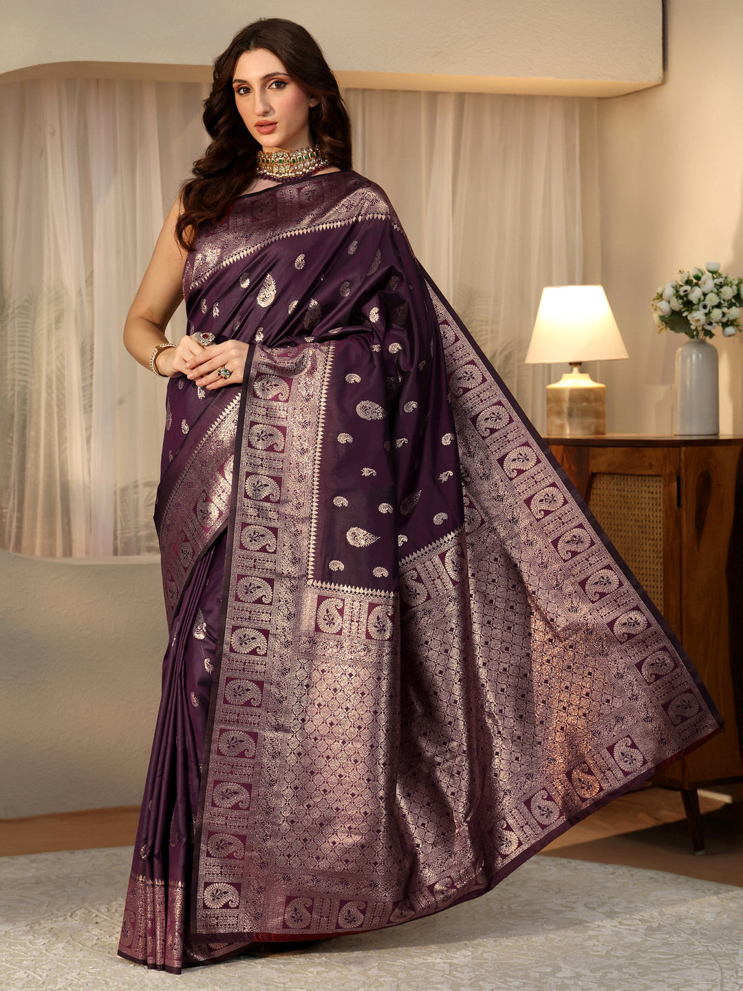  Burgundy Banarasi Silk Blend Saree 