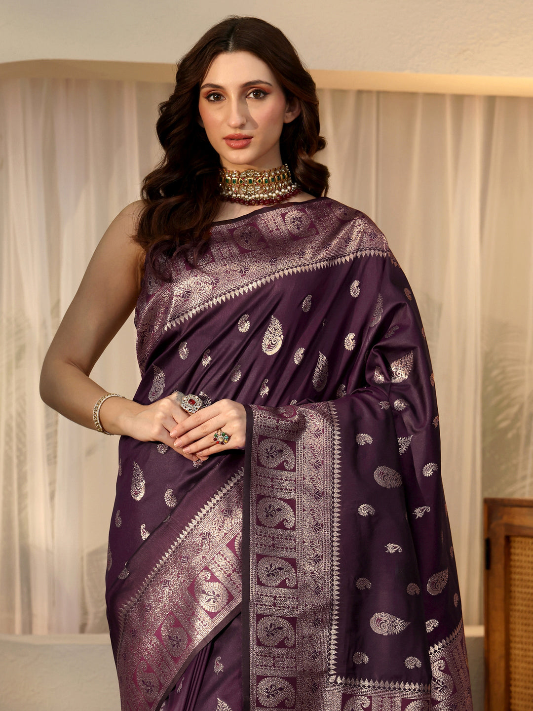  Burgundy Banarasi Silk Blend Saree 