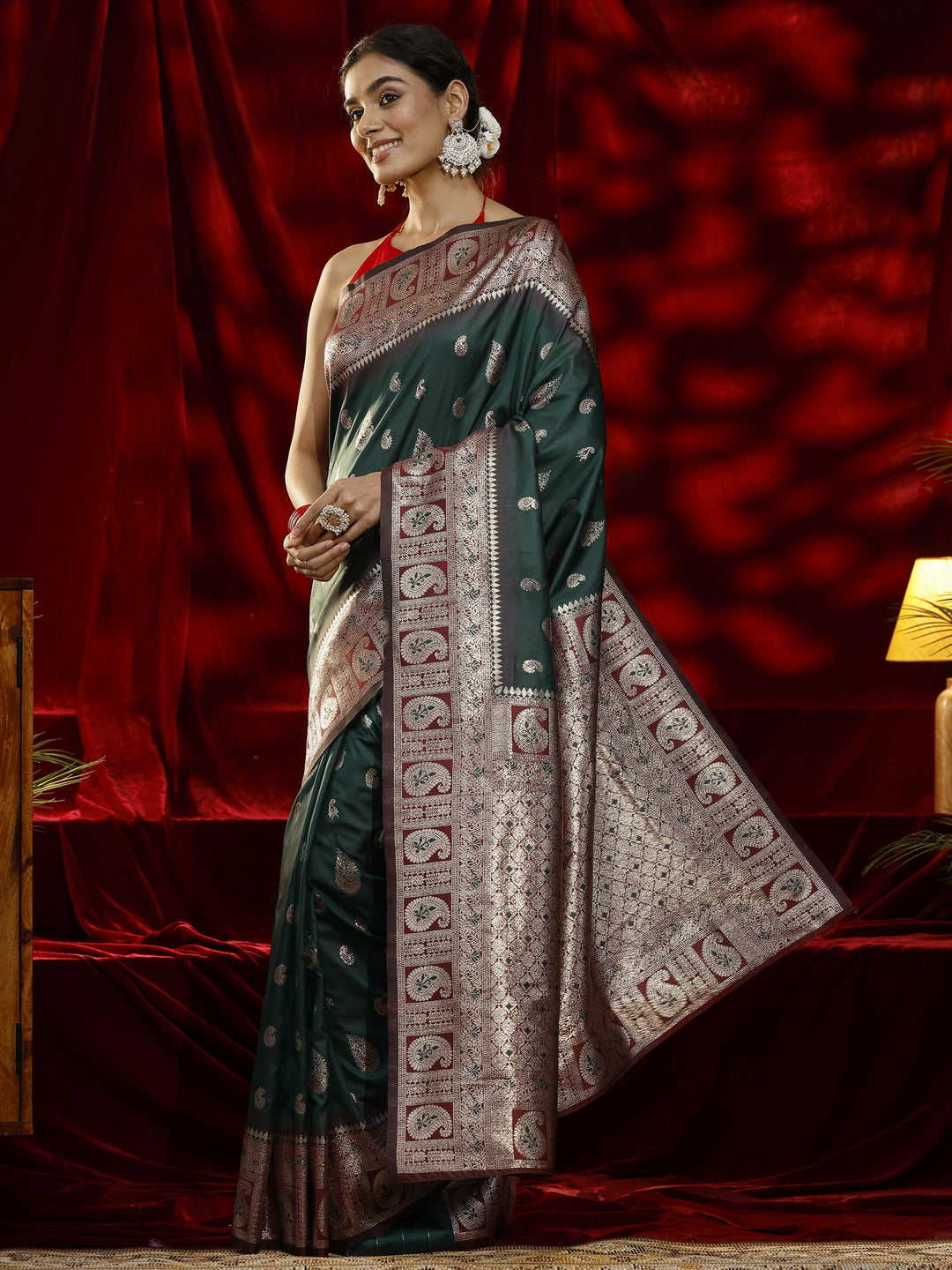  Libas Green Paisley Woven Design Silk blend Saree 