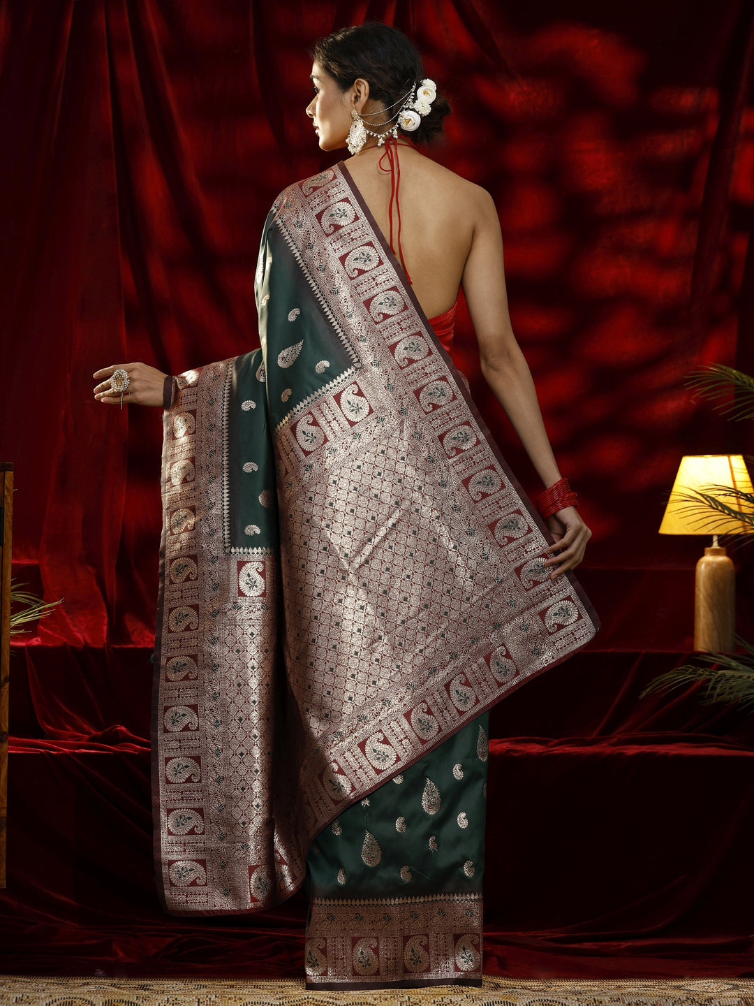  Libas Green Paisley Woven Design Silk blend Saree 