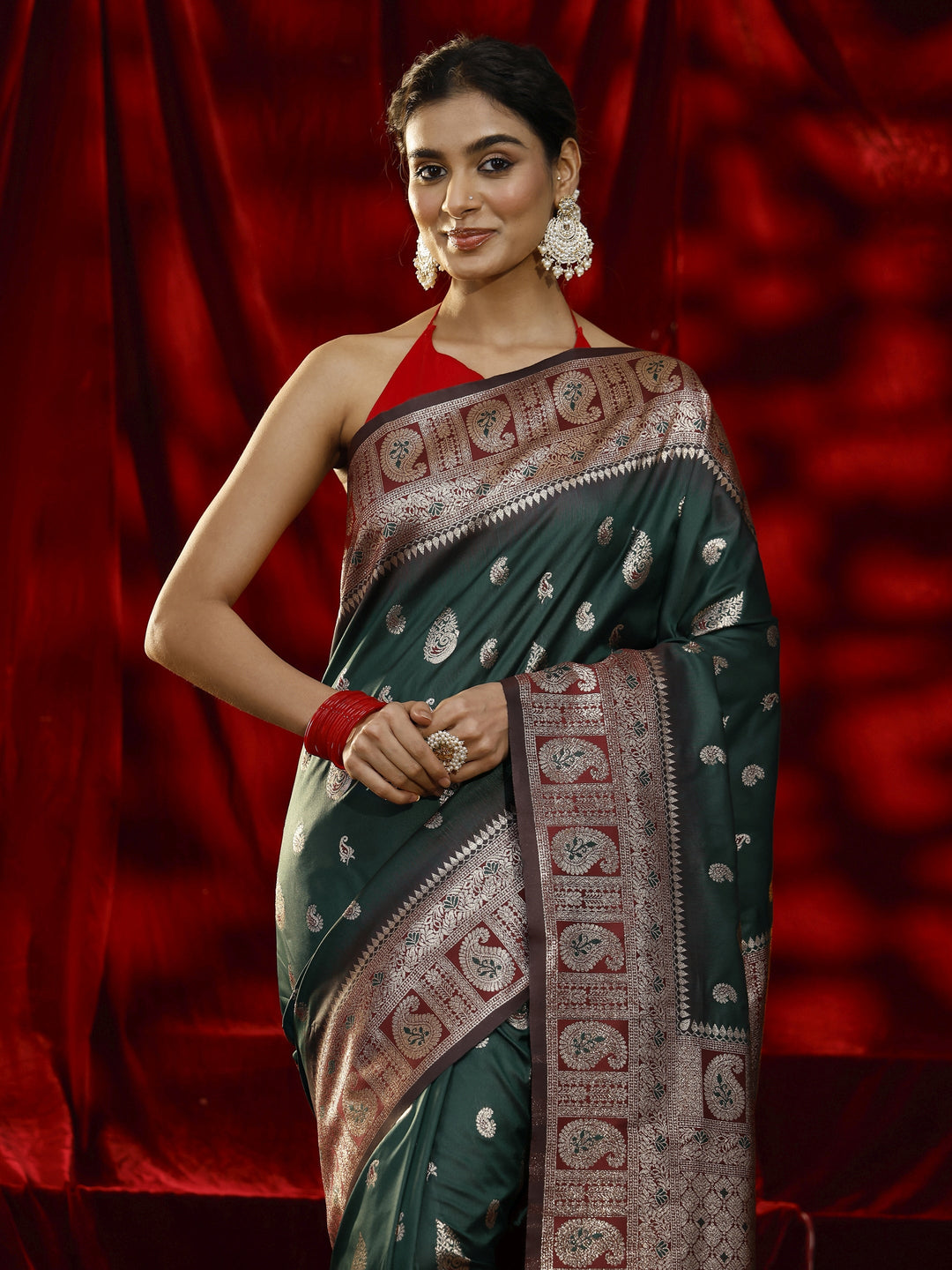  Libas Green Paisley Woven Design Silk blend Saree 