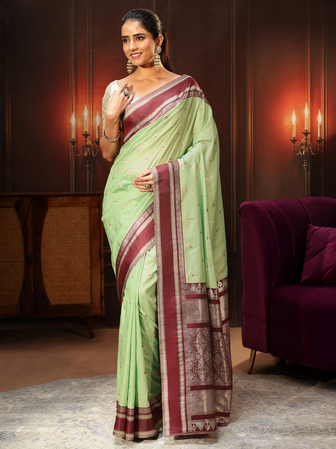 Libas Pista Green Kanjeevaram Silk Blend Saree 