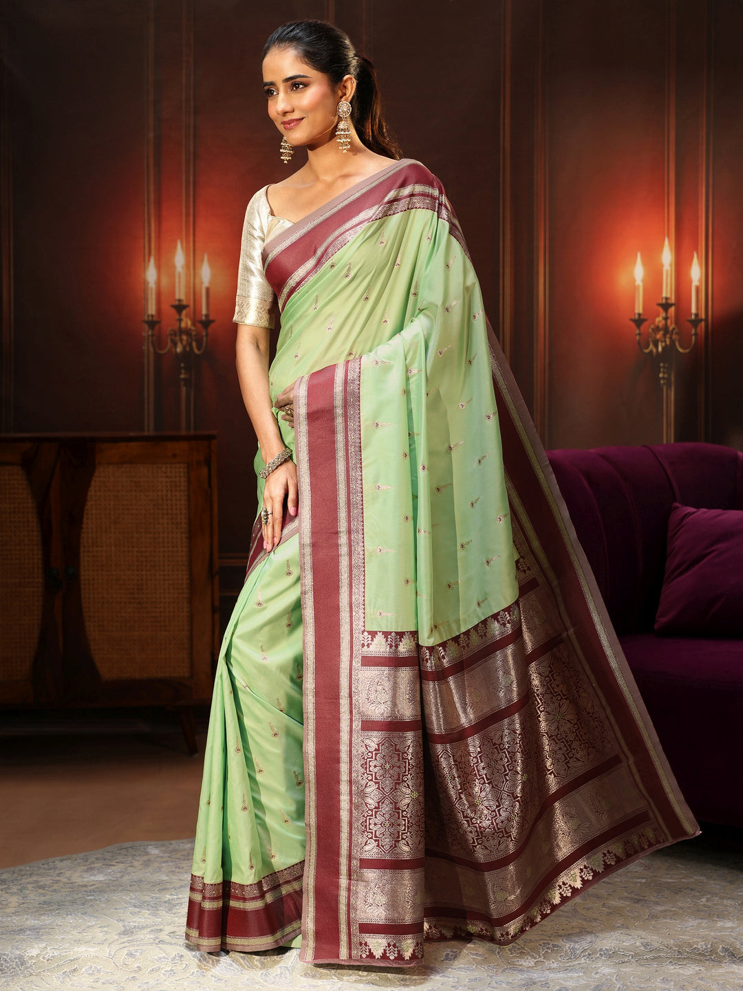  Libas Pista Green Kanjeevaram Silk Blend Saree 