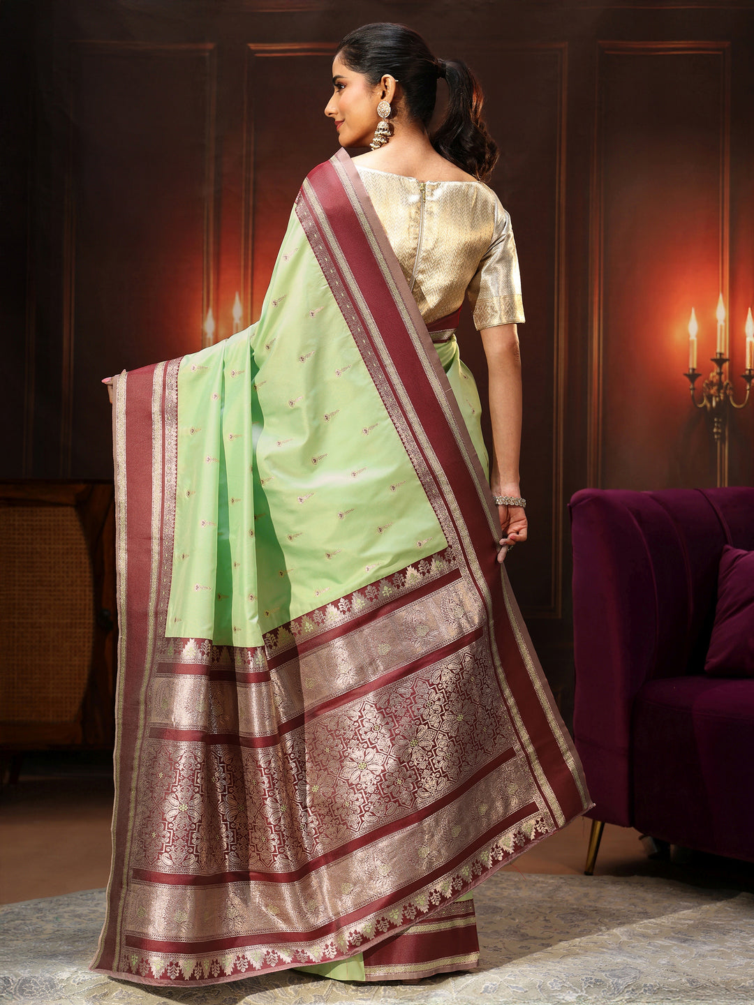  Libas Pista Green Kanjeevaram Silk Blend Saree 