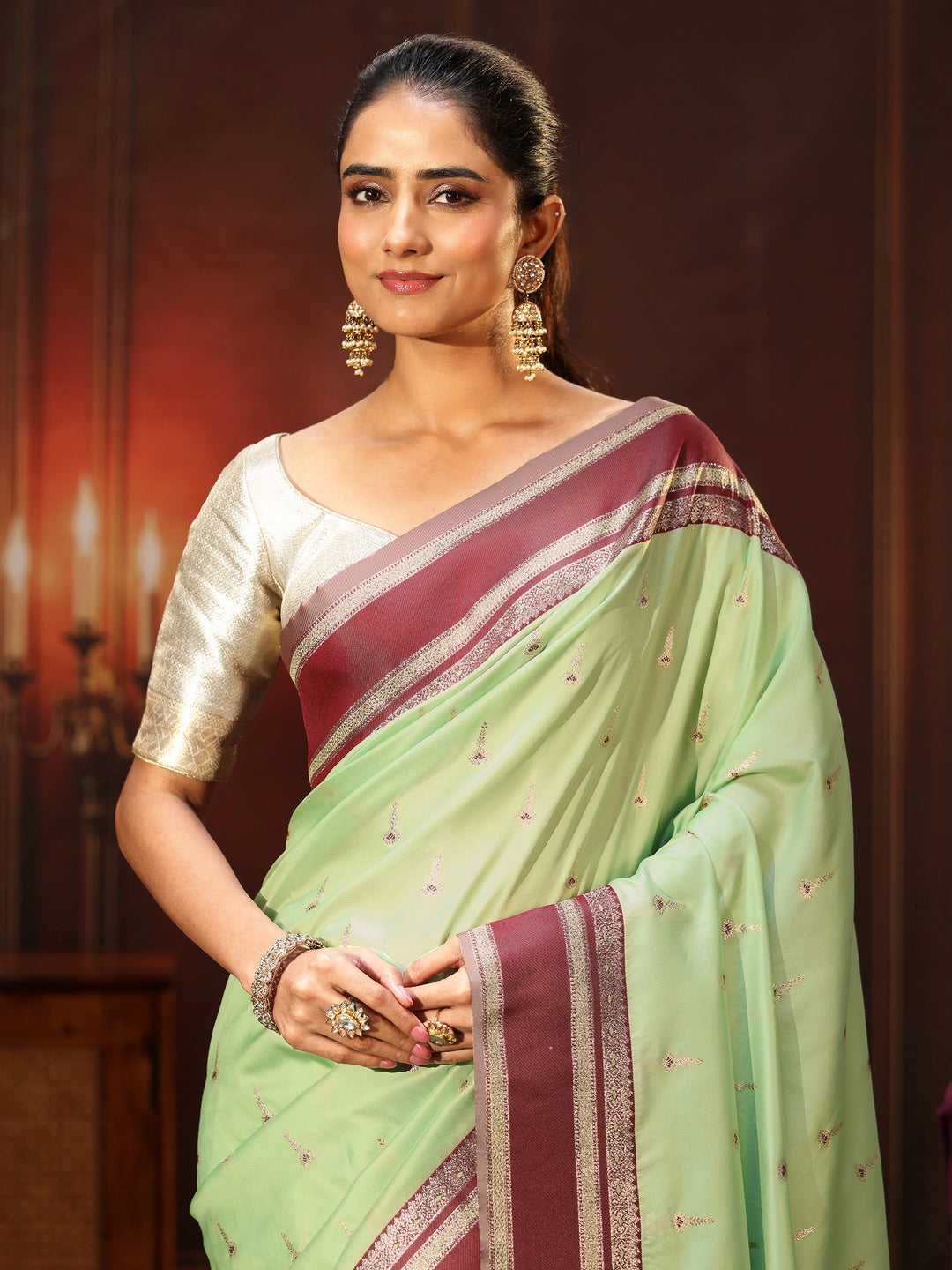  Libas Pista Green Kanjeevaram Silk Blend Saree 
