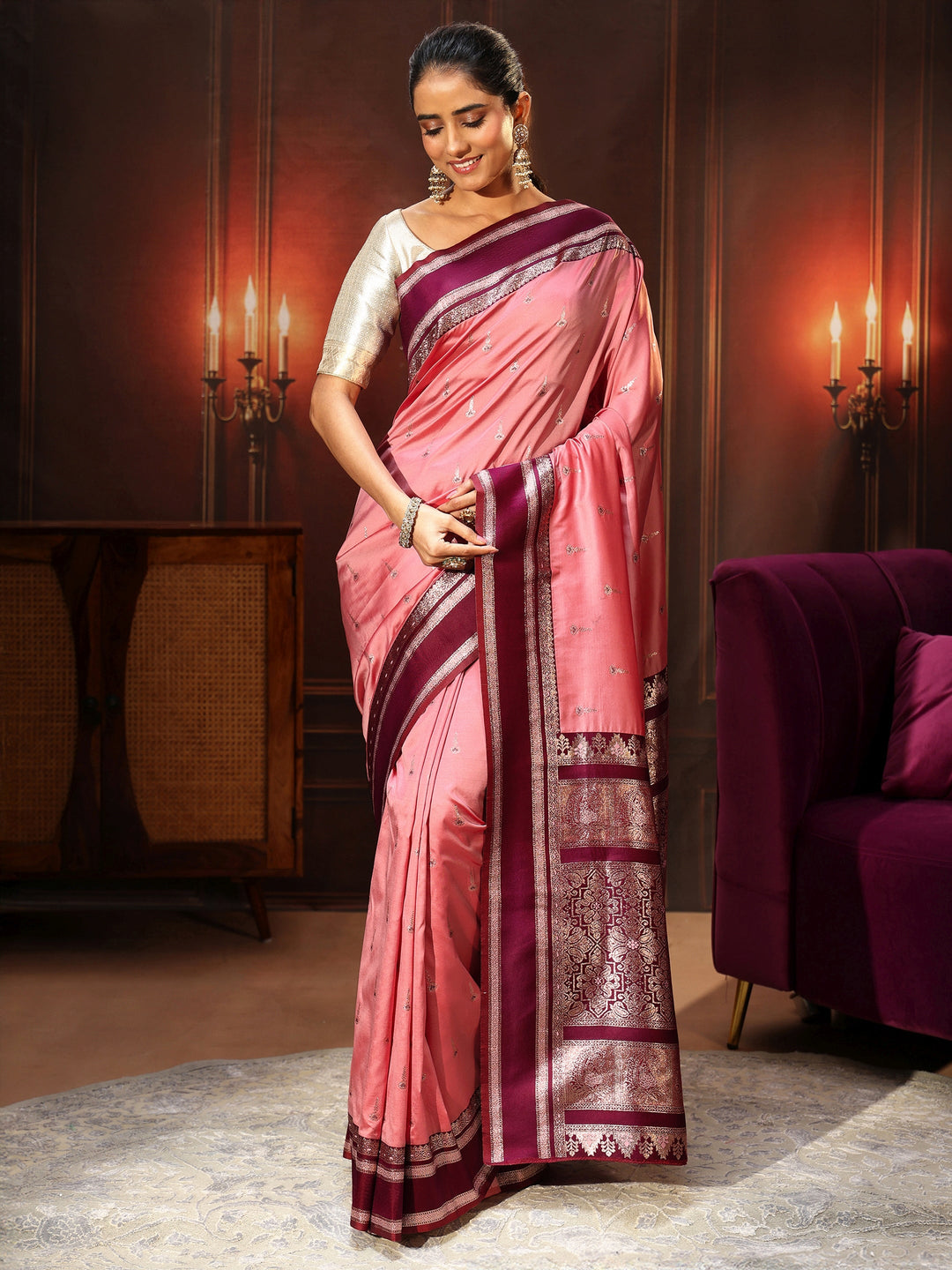  Libas Coral Pink Kanjeevaram Silk Blend Saree 