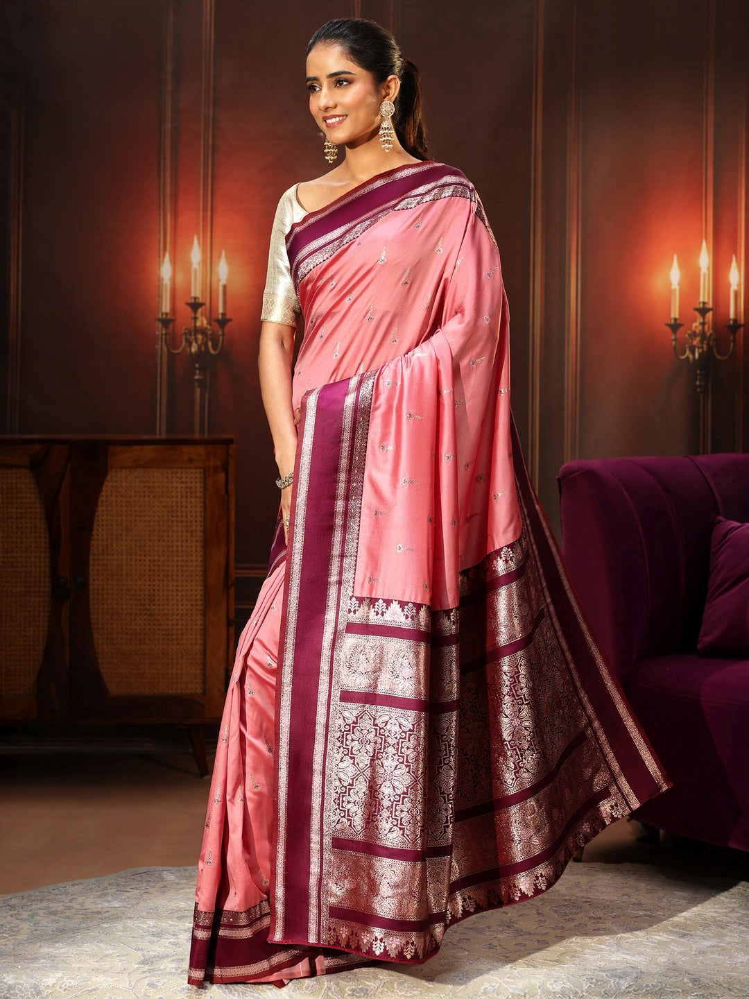  Libas Coral Pink Kanjeevaram Silk Blend Saree 