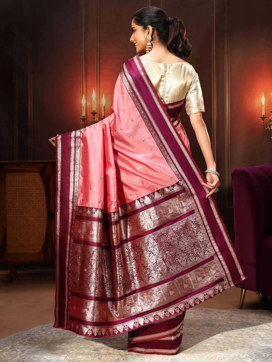  Libas Coral Pink Kanjeevaram Silk Blend Saree 