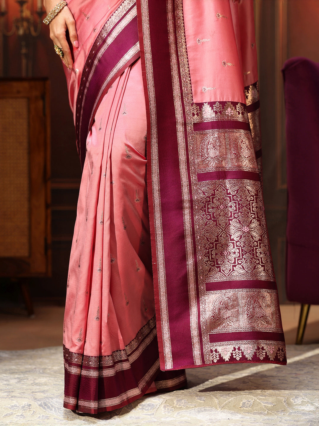  Libas Coral Pink Kanjeevaram Silk Blend Saree 