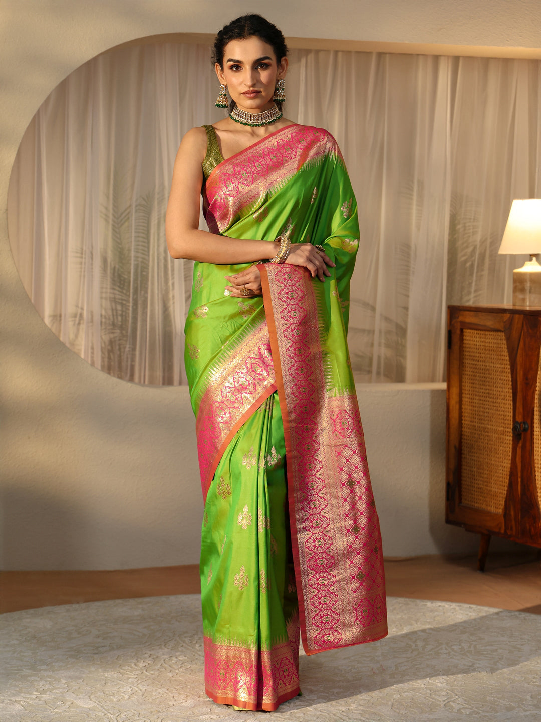  Lime Green Kanjeevaram Silk Blend Saree 