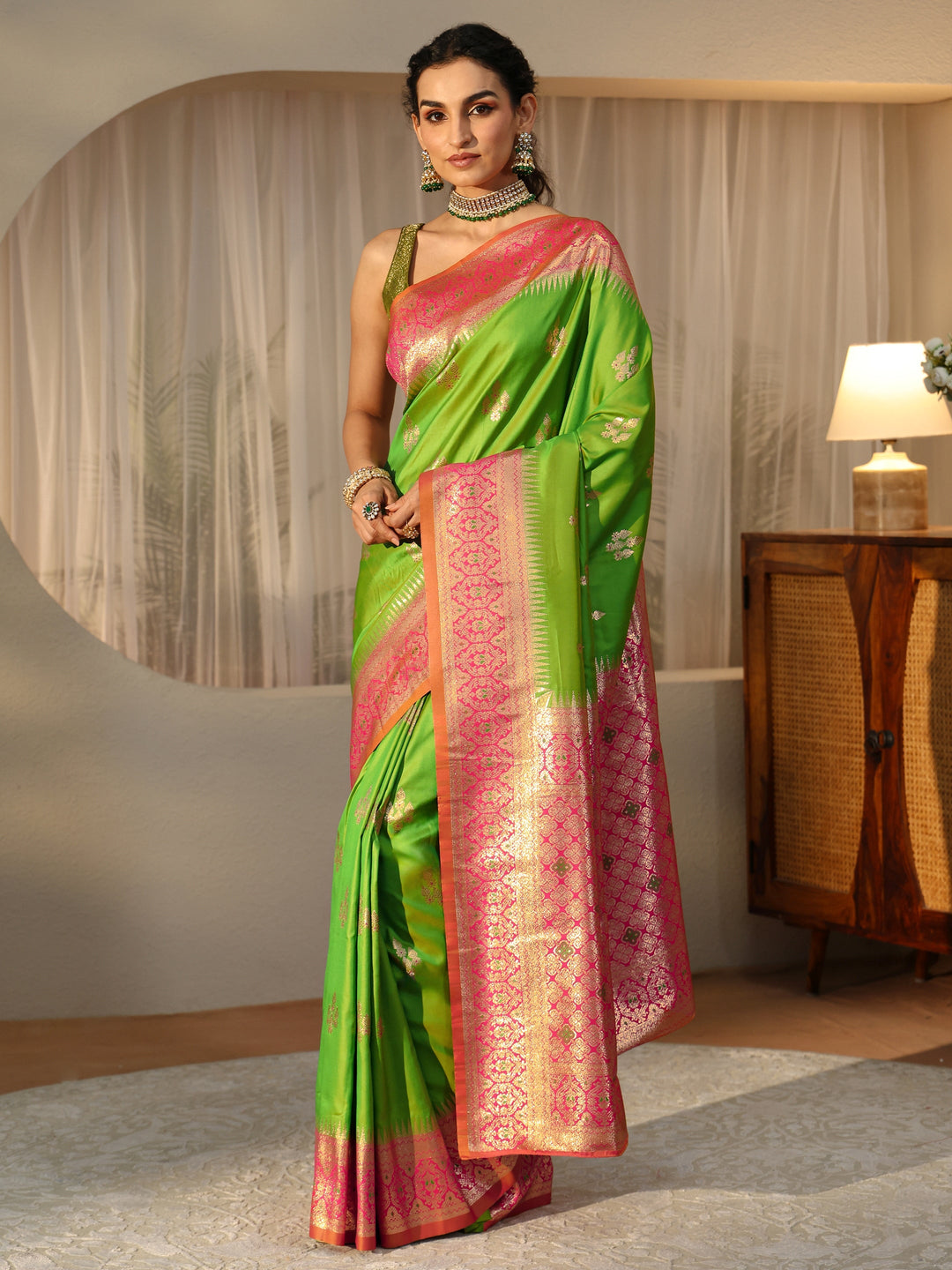  Lime Green Kanjeevaram Silk Blend Saree 