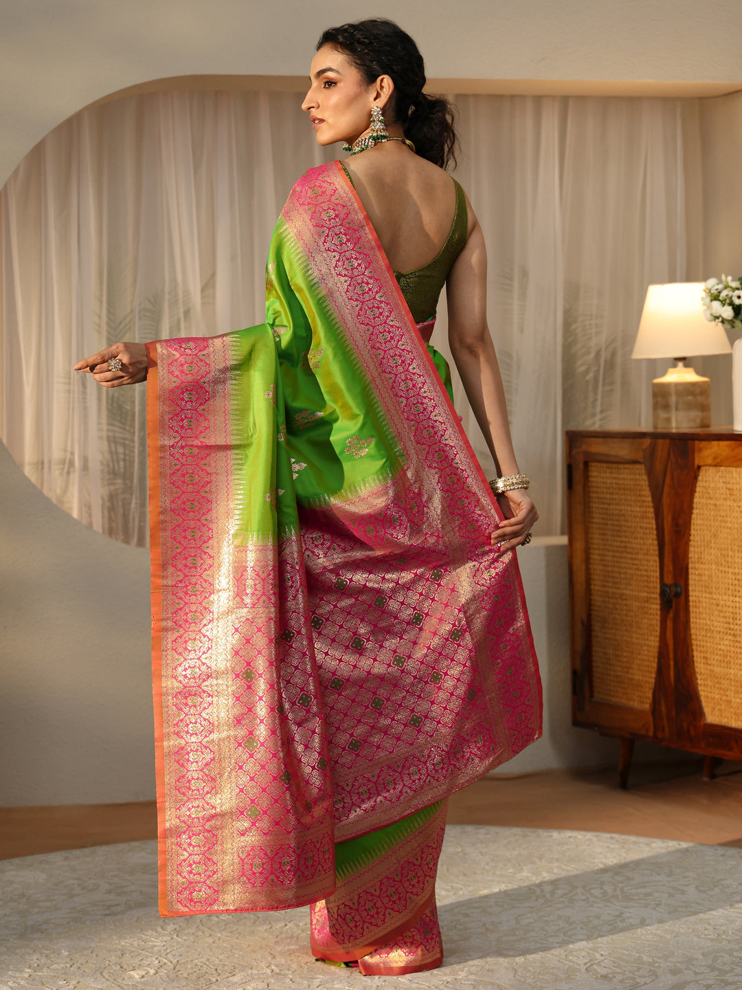  Lime Green Kanjeevaram Silk Blend Saree 