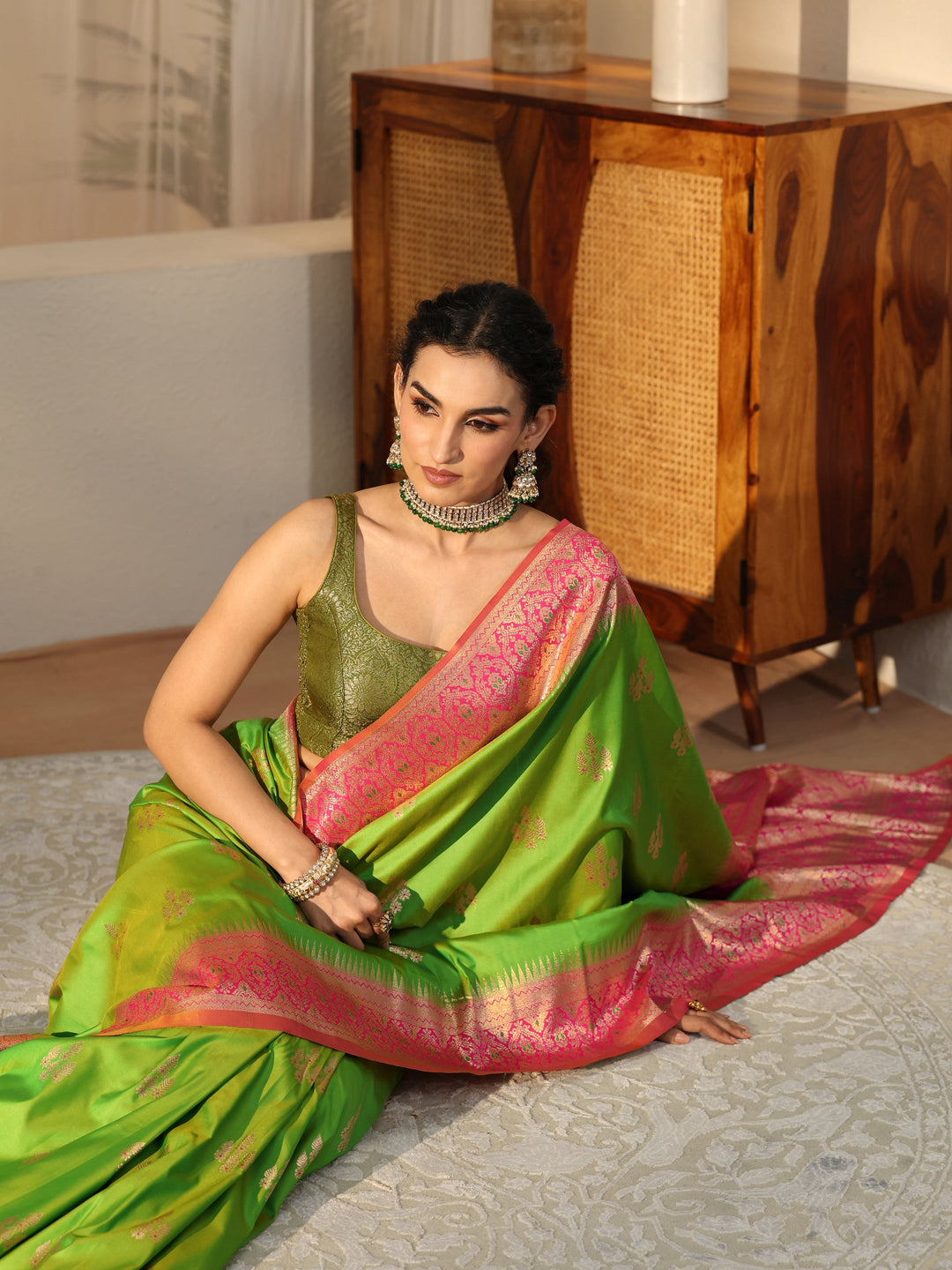  Lime Green Kanjeevaram Silk Blend Saree 