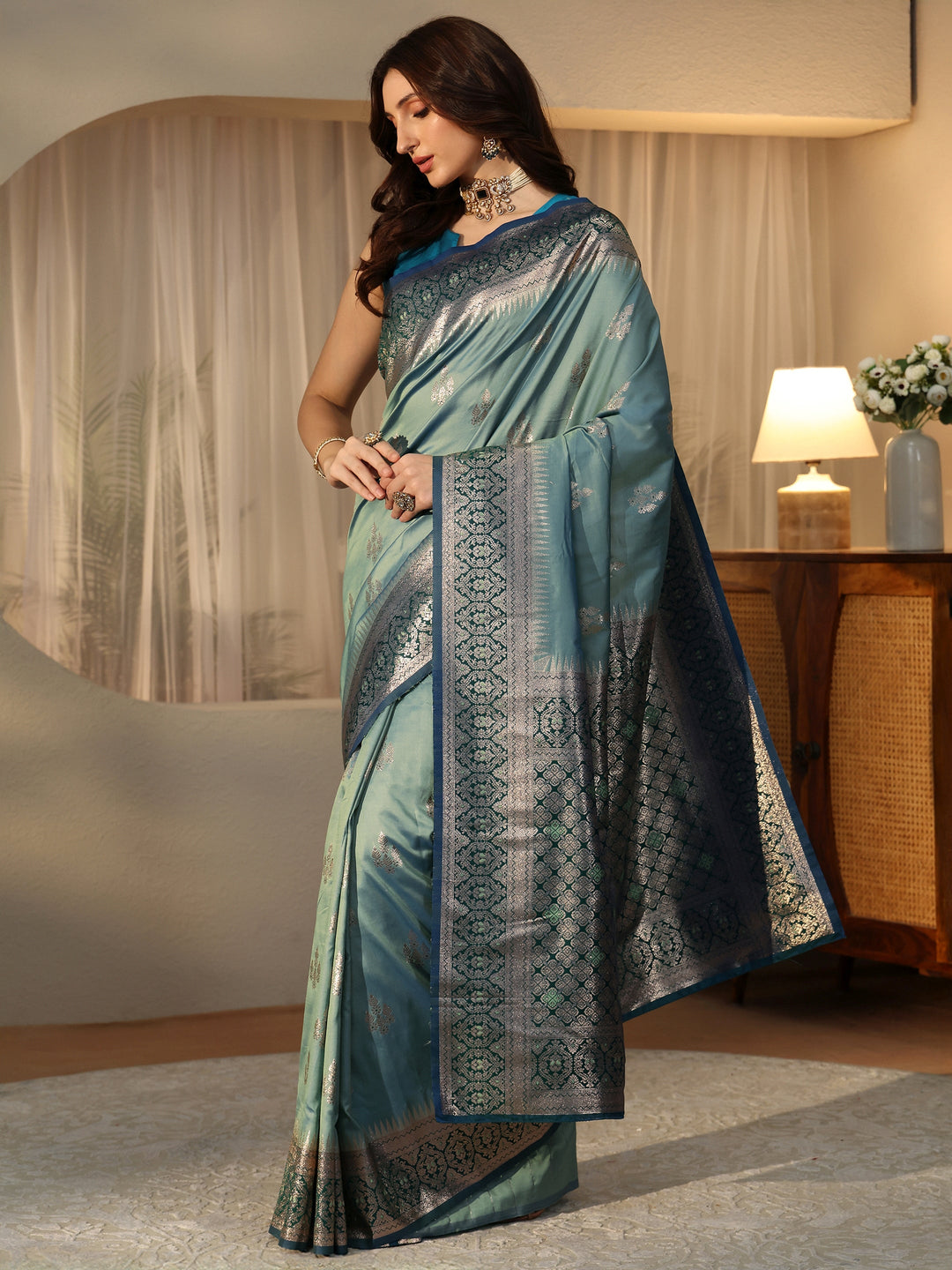  Dusty Blue Kanjeevaram Silk Blend Saree 