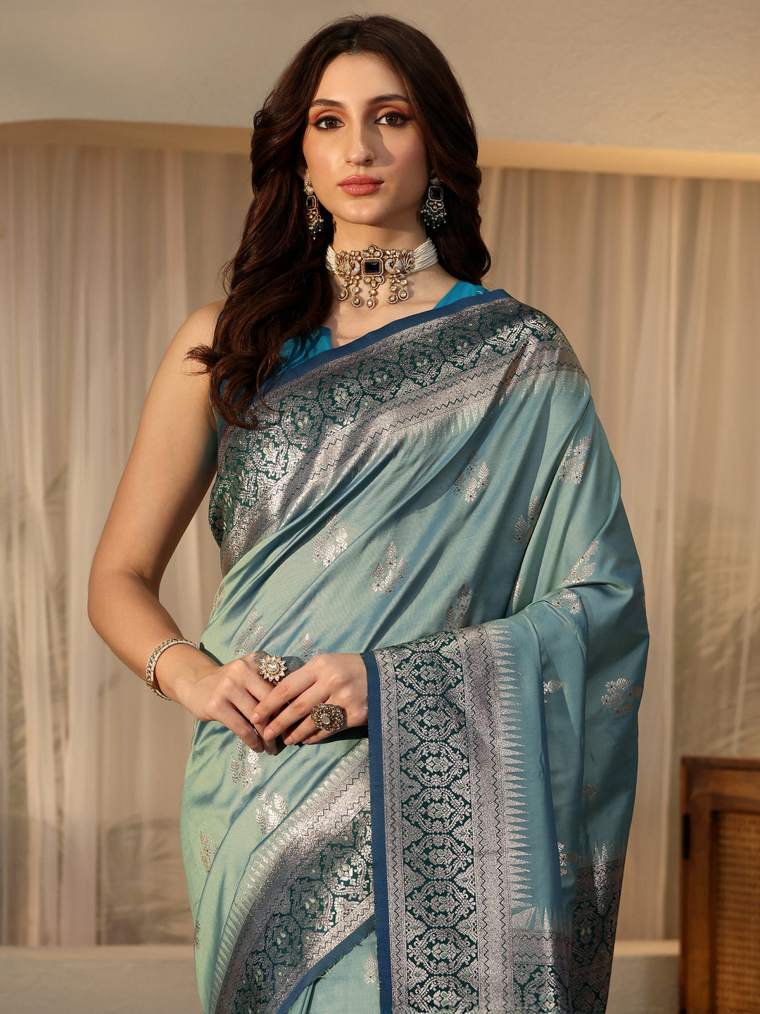  Dusty Blue Kanjeevaram Silk Blend Saree 