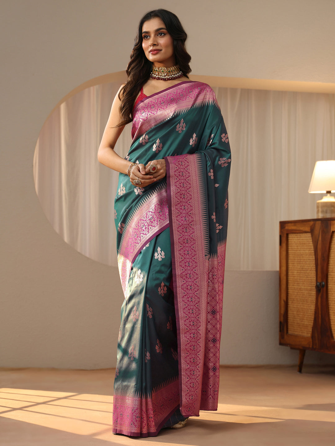 Bottle Green Kanjeevaram Silk Blend Saree 