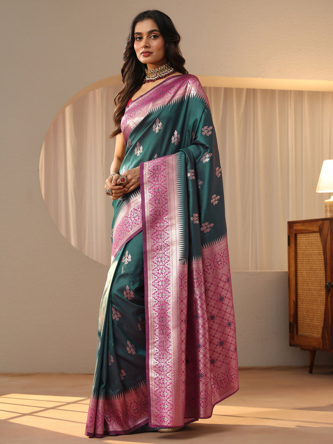  Bottle Green Kanjeevaram Silk Blend Saree 
