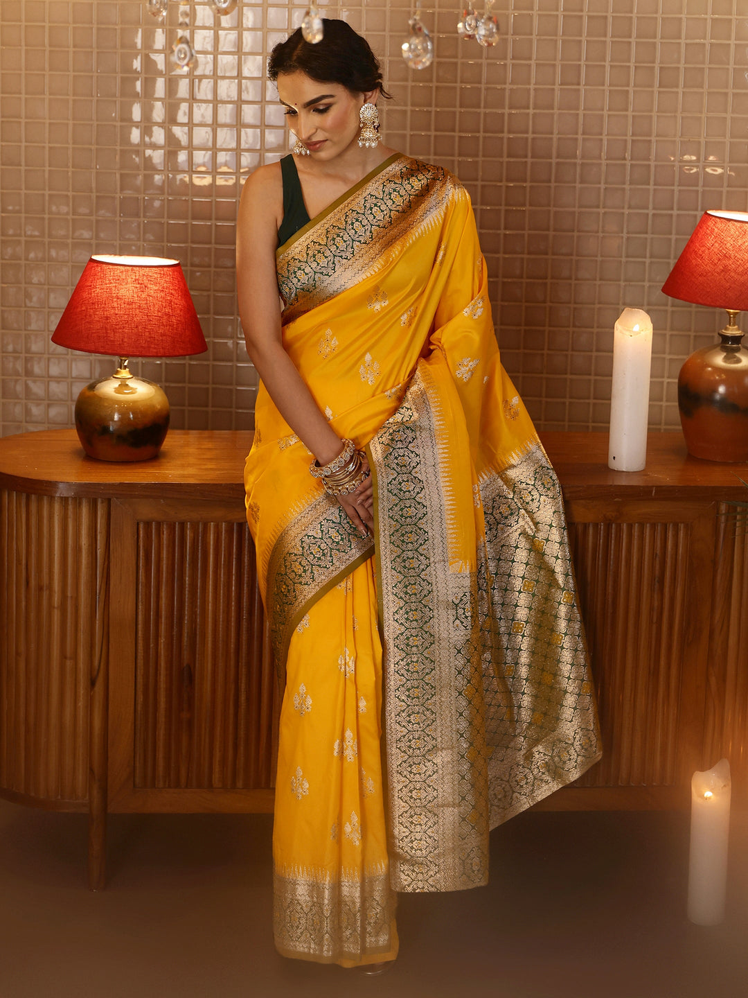  Yellow Banarasi Silk Blend Saree 