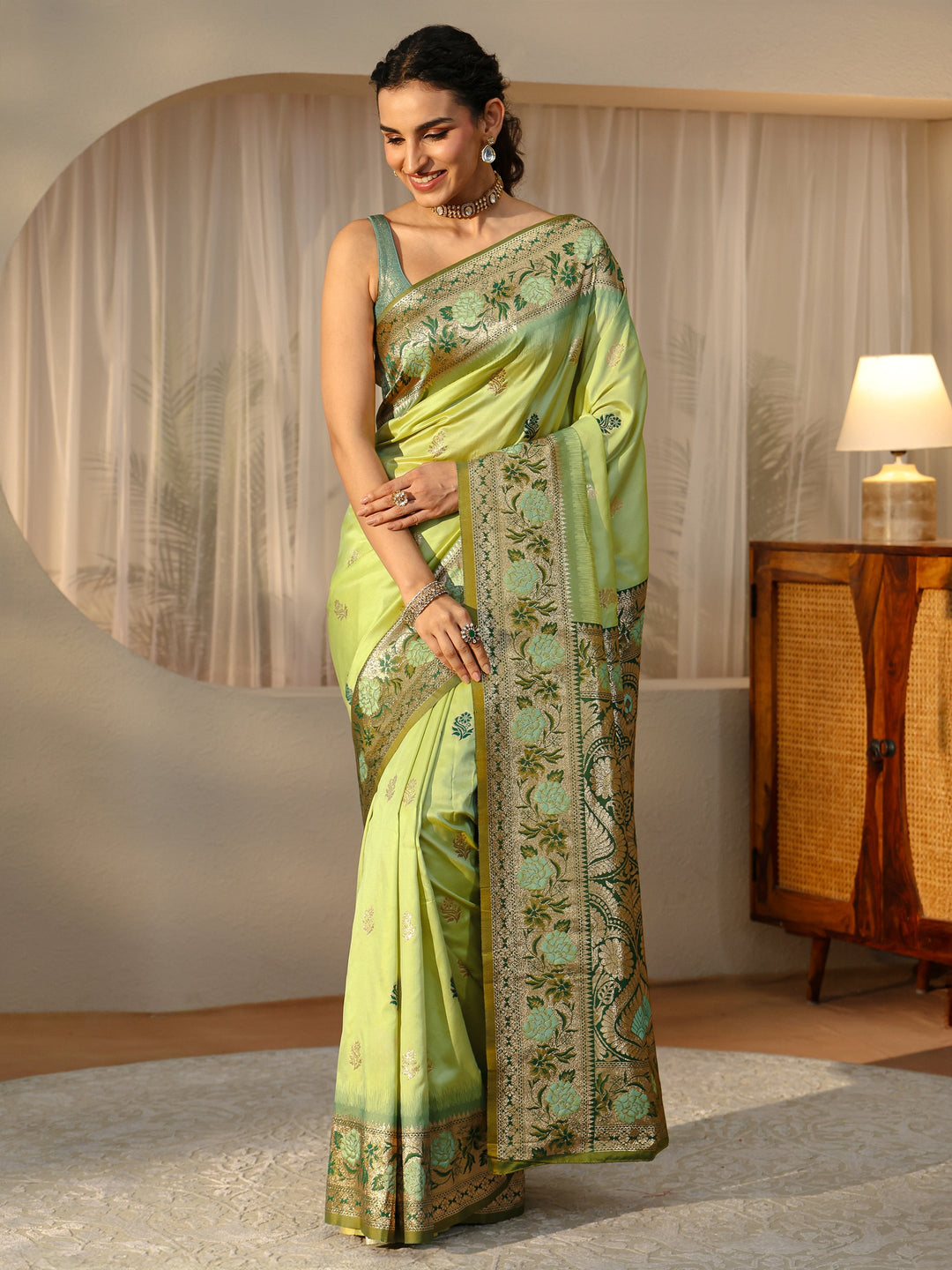  Pista Green Banarasi Silk Blend Saree 