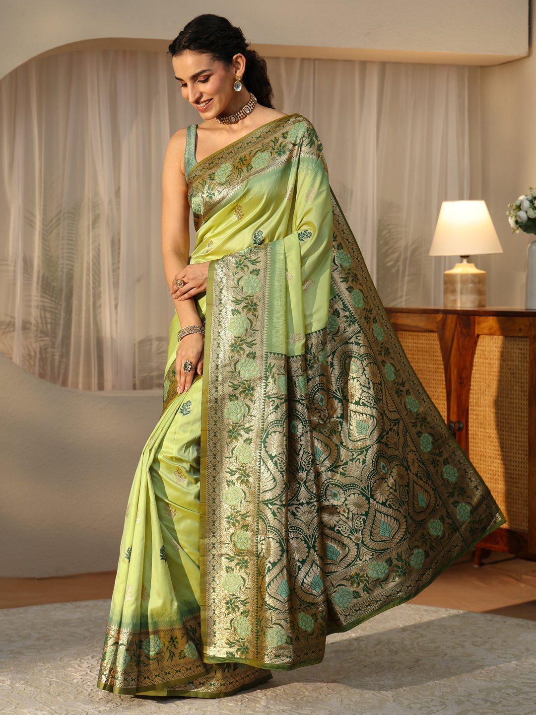  Pista Green Banarasi Silk Blend Saree 