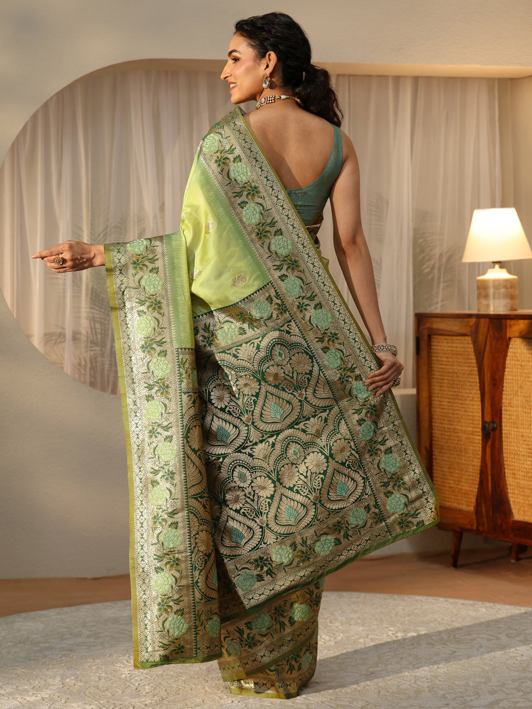  Pista Green Banarasi Silk Blend Saree 