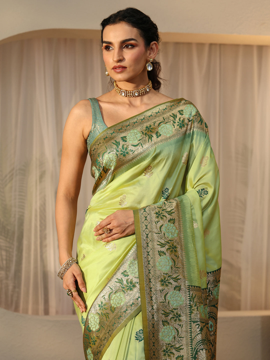  Pista Green Banarasi Silk Blend Saree 