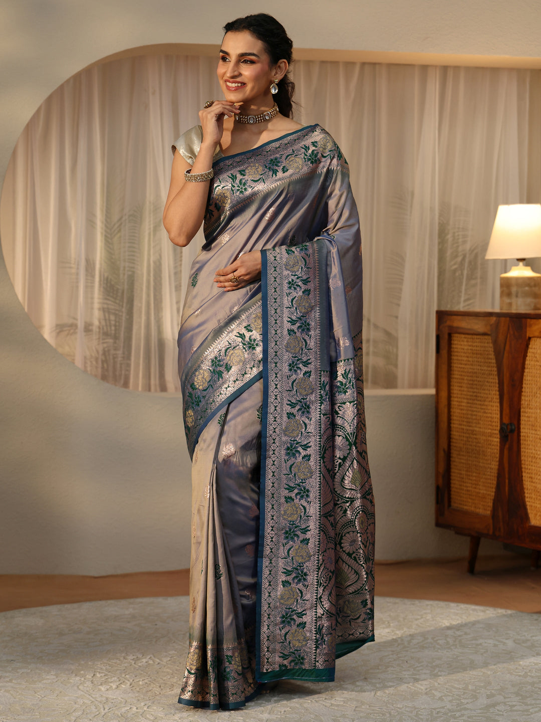  Dusty Blue Banarasi Silk Blend Saree 