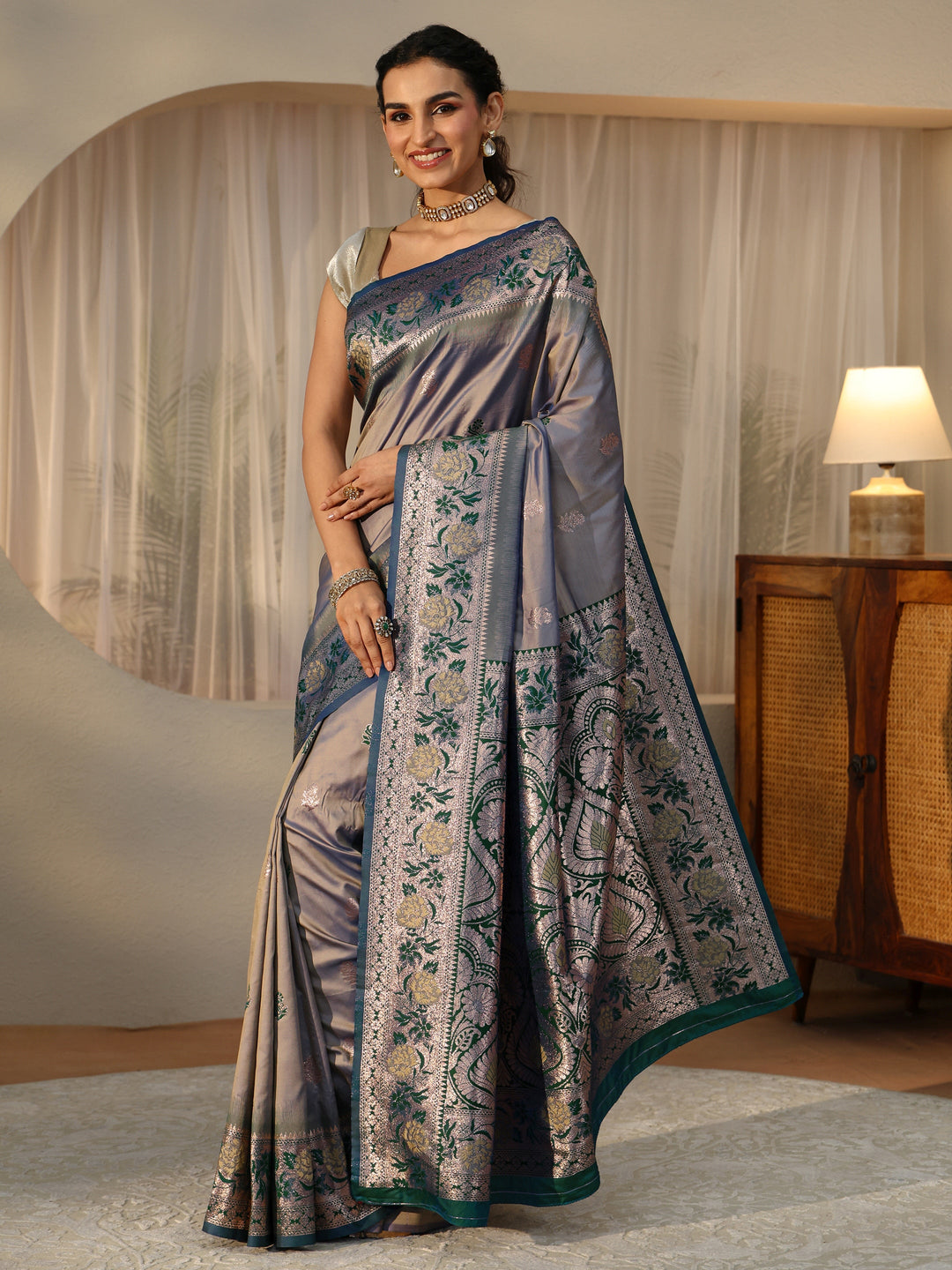  Dusty Blue Banarasi Silk Blend Saree 