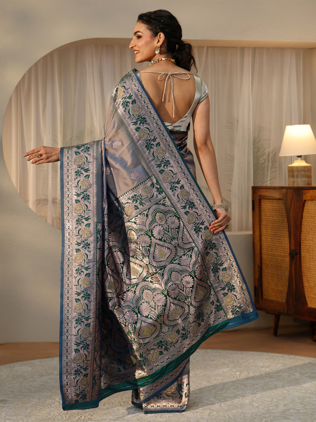  Dusty Blue Banarasi Silk Blend Saree 