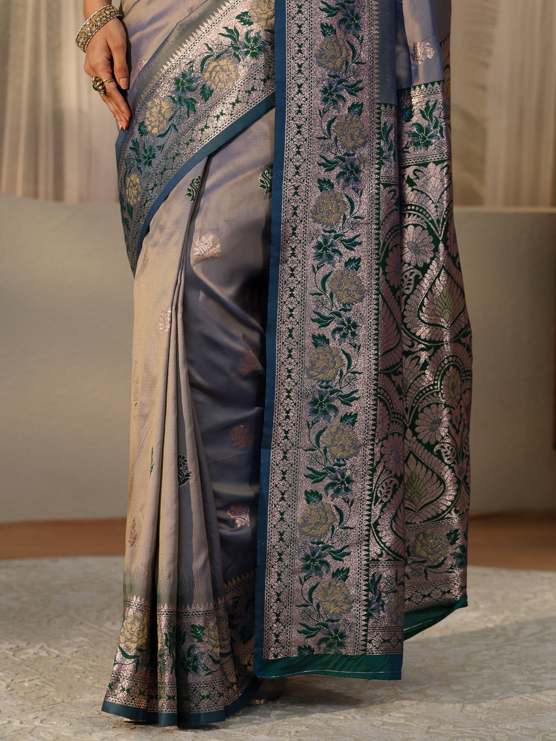  Dusty Blue Banarasi Silk Blend Saree 