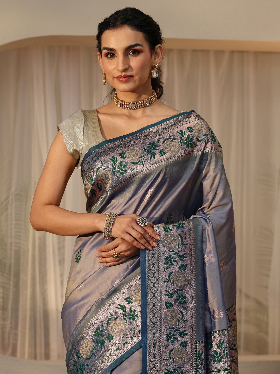  Dusty Blue Banarasi Silk Blend Saree 