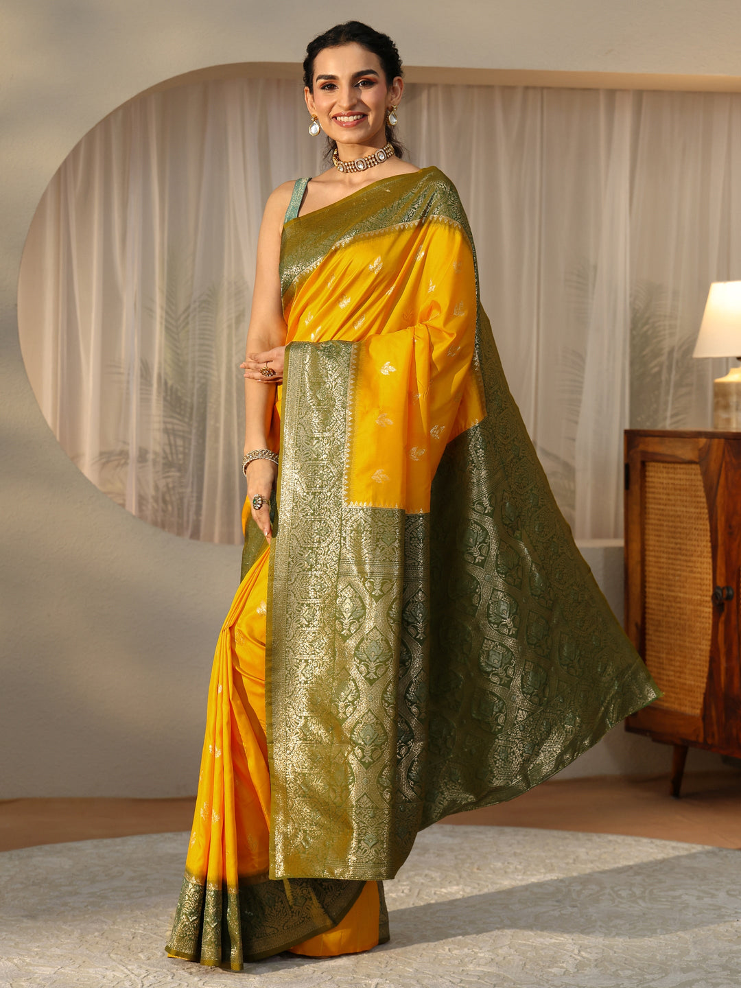  Yellow Banarasi Silk Blend Saree 