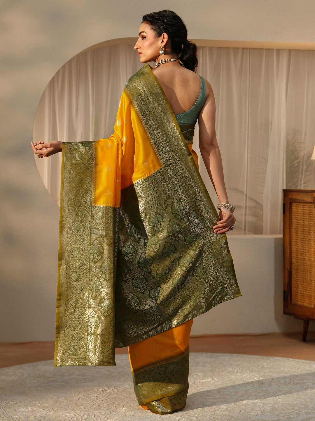  Yellow Banarasi Silk Blend Saree 