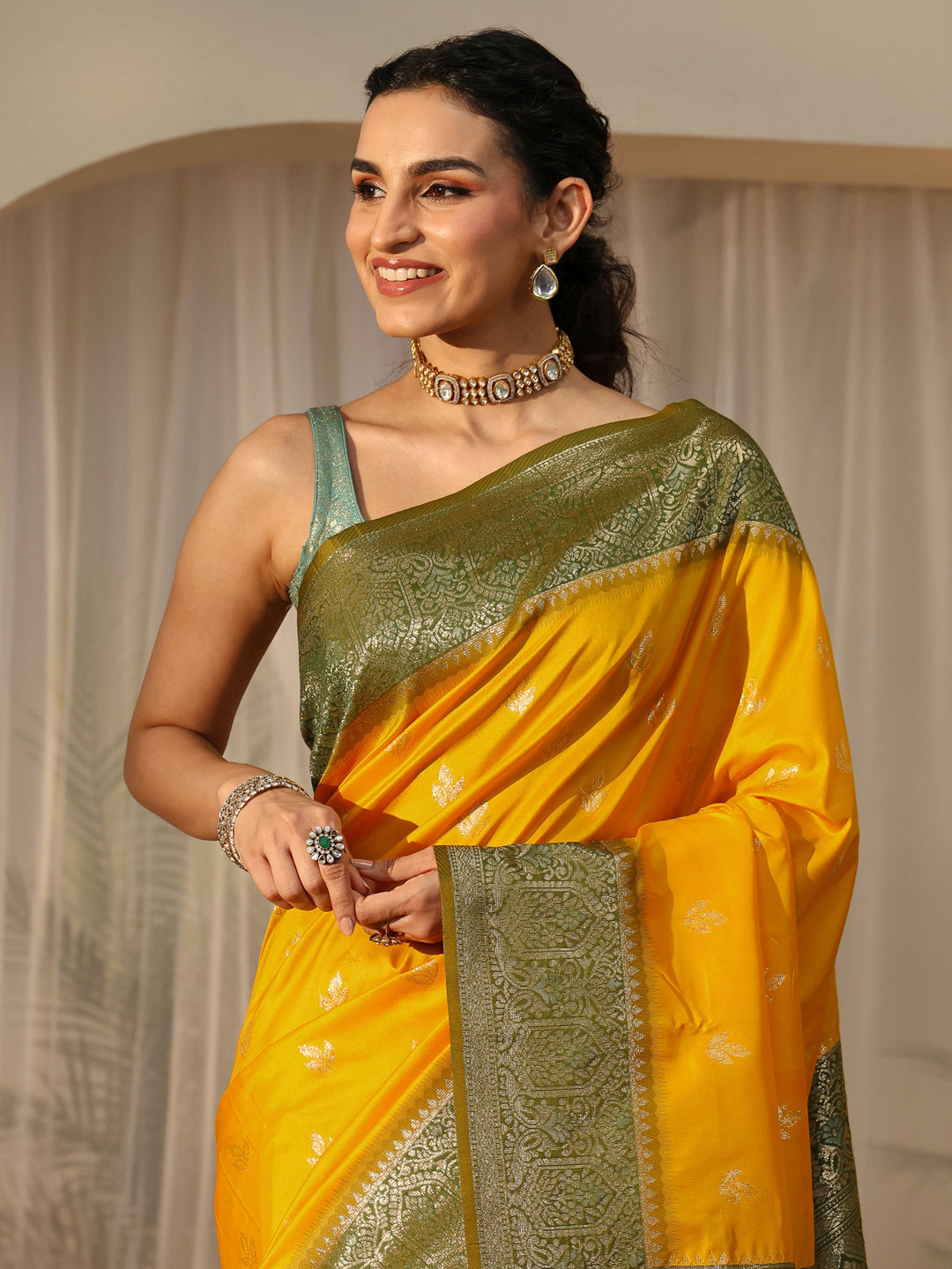  Yellow Banarasi Silk Blend Saree 