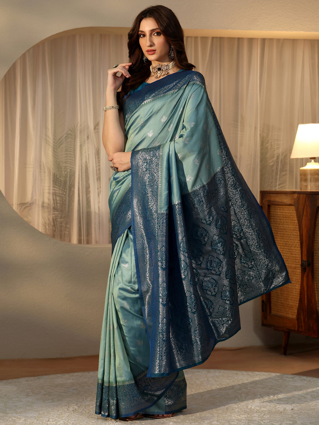  Dusty Blue Banarasi Silk Blend Saree 