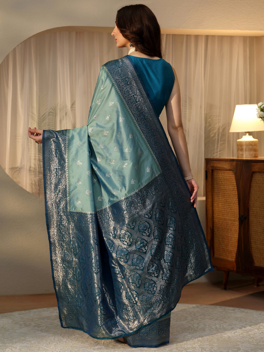  Dusty Blue Banarasi Silk Blend Saree 