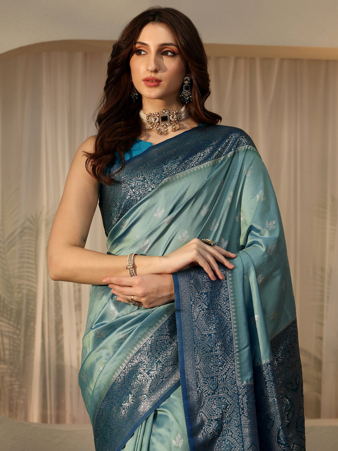  Dusty Blue Banarasi Silk Blend Saree 