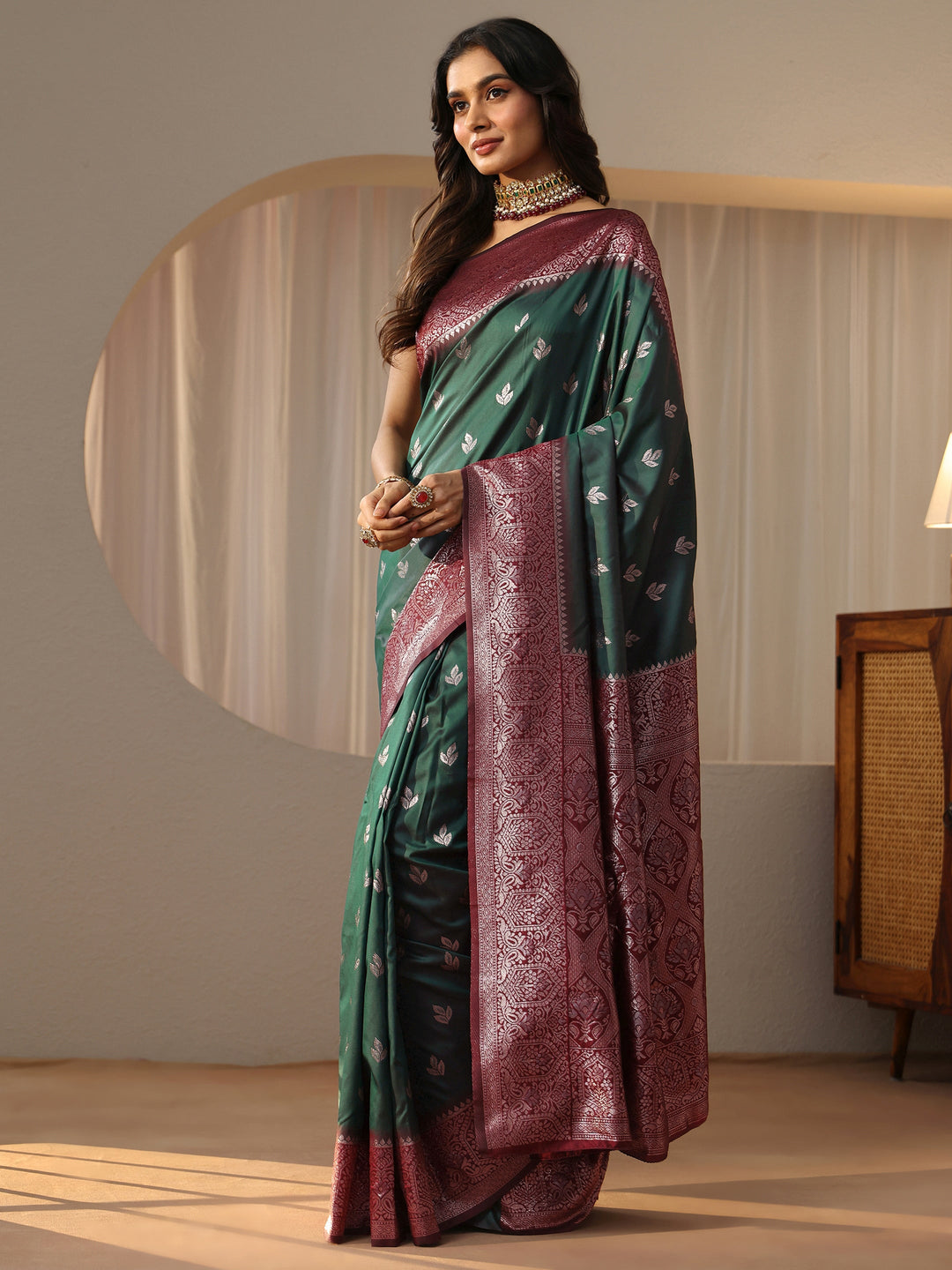  Bottle Green Banarasi Silk Blend Saree 