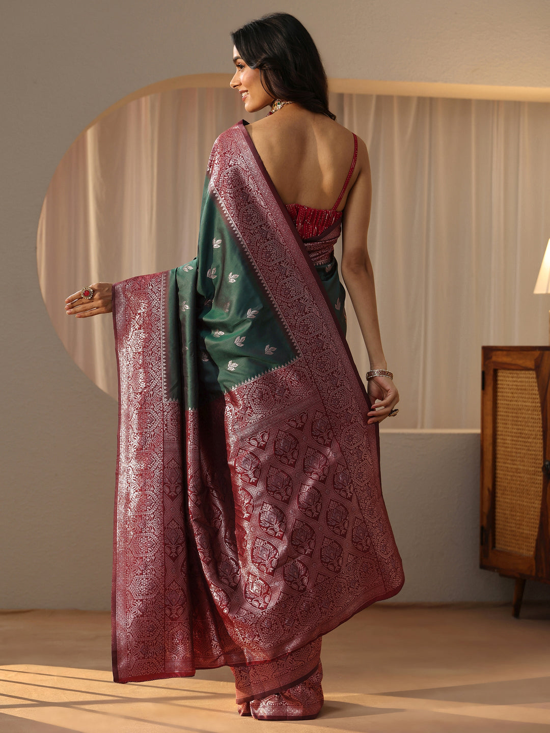  Bottle Green Banarasi Silk Blend Saree 