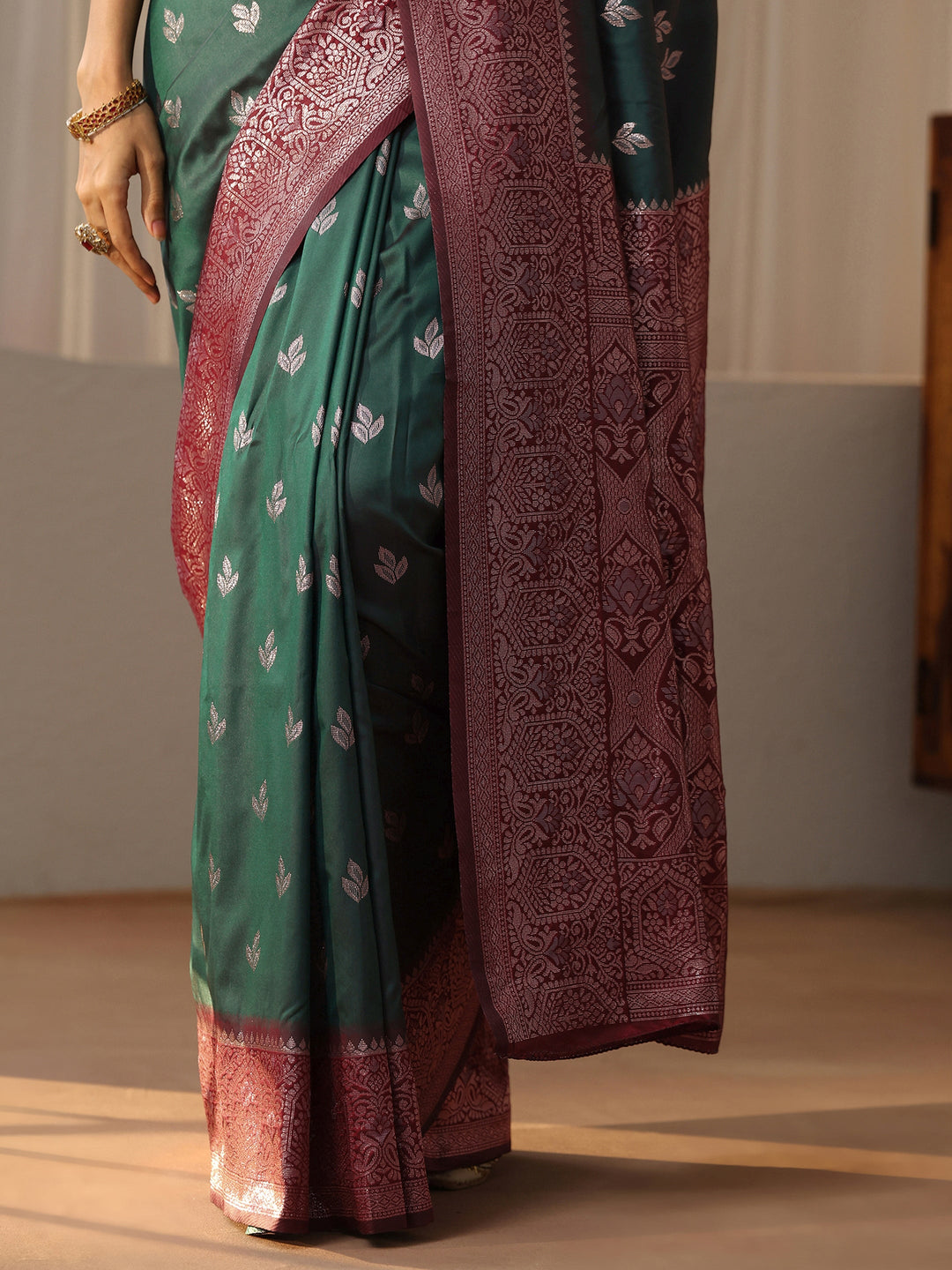  Bottle Green Banarasi Silk Blend Saree 