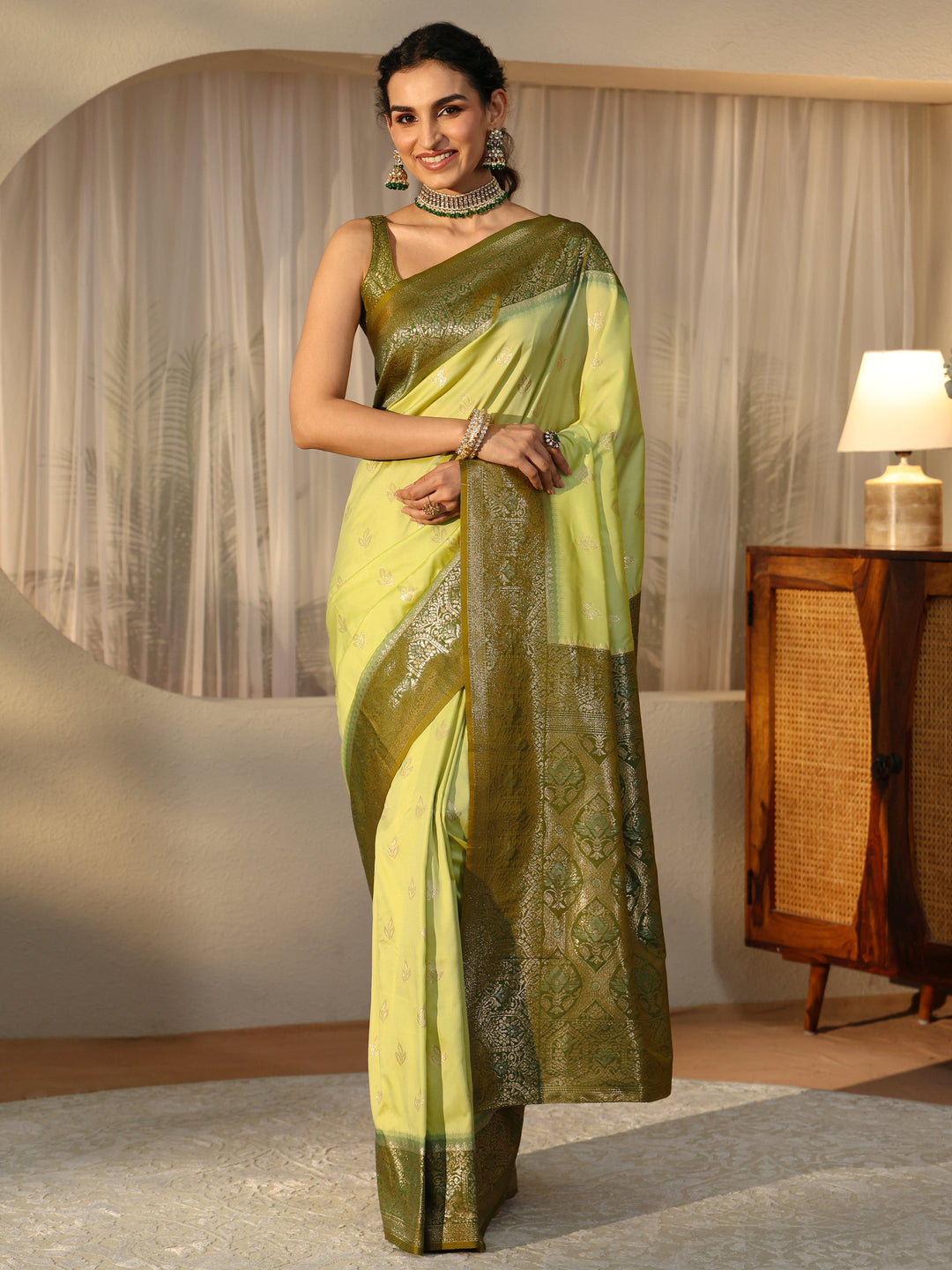  Pista Green Banarasi Silk Blend Saree 