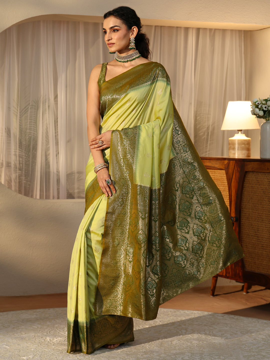  Pista Green Banarasi Silk Blend Saree 