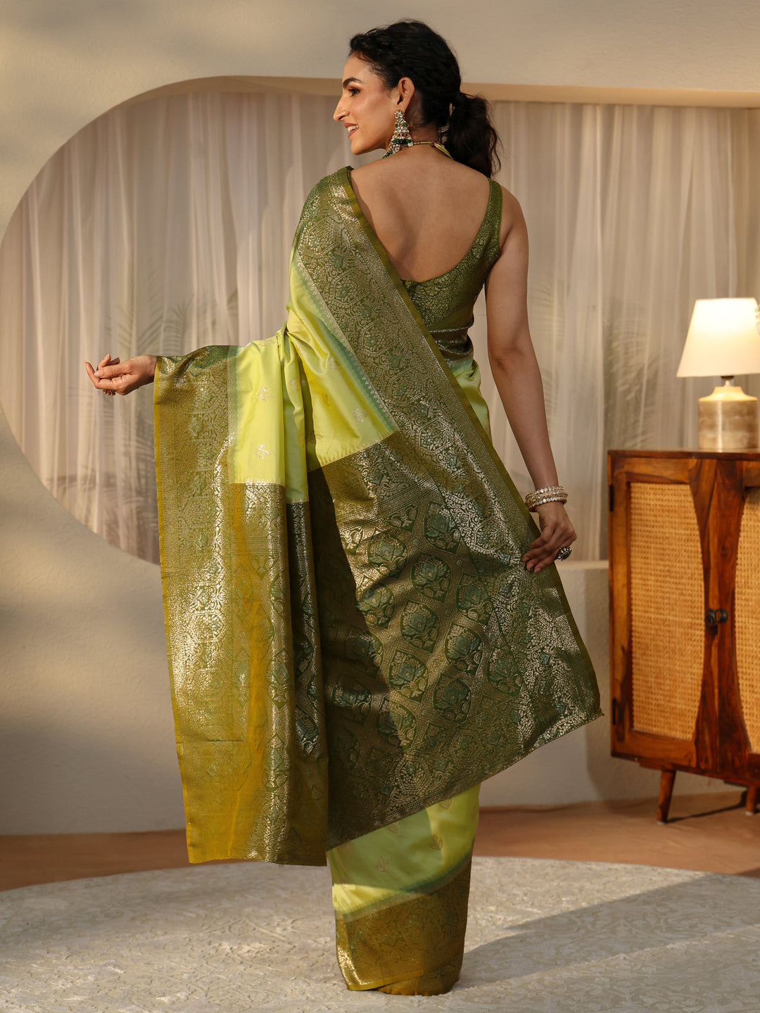  Pista Green Banarasi Silk Blend Saree 
